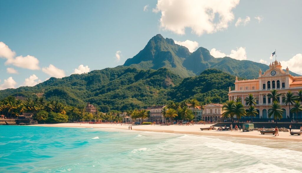 A stunning panoramic view of the Dominican Republic's iconic tourist attractions, captured in vibrant detail. In the foreground, the turquoise waters of the Caribbean Sea gently lap against the pristine white-sand beaches, dotted with swaying palm trees. In the middle ground, the majestic Pico Duarte, the highest peak in the Caribbean, rises majestically, its rugged slopes cloaked in lush, verdant forests. In the background, the historic colonial architecture of Santo Domingo's UNESCO-listed Colonial Zone stands proud, its ornate facades and cobblestone streets a testament to the country's rich cultural heritage. Warm, golden sunlight bathes the scene, creating a warm, inviting atmosphere that captures the essence of the Dominican Republic's natural beauty and historic charm. A stunning panoramic view of the Dominican Republic's iconic tourist attractions, captured in vibrant detail. In the foreground, the turquoise waters of the Caribbean Sea gently lap against the pristine white-sand beaches, dotted with swaying palm trees. In the middle ground, the majestic Pico Duarte, the highest peak in the Caribbean, rises majestically, its rugged slopes cloaked in lush, verdant forests. In the background, the historic colonial architecture of Santo Domingo's UNESCO-listed Colonial Zone stands proud, its ornate facades and cobblestone streets a testament to the country's rich cultural heritage. Warm, golden sunlight bathes the scene, creating a warm, inviting atmosphere that captures the essence of the Dominican Republic's natural beauty and historic charm.