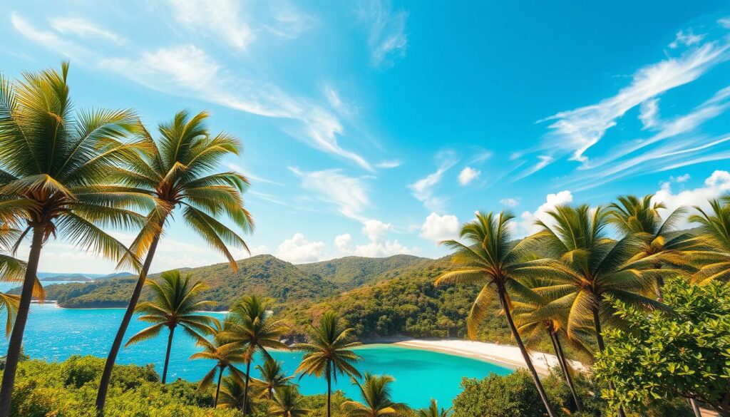 An expansive tropical landscape with a clear, azure sky punctuated by wispy cirrus clouds. Verdant palm trees sway gently in a warm, refreshing breeze. In the middle ground, rolling hills dotted with lush, vibrant vegetation give way to a shimmering Caribbean sea, its turquoise waters lapping at pristine white-sand beaches. Sunlight filters through the scene, casting a warm, golden glow that infuses the entire composition with a sense of tranquility and natural beauty. This picturesque representation of the Dominican Republic's weather patterns evokes the ideal time to visit - a season of abundant sunshine, moderate temperatures, and low rainfall, perfectly complementing the country's stunning natural landscapes. An expansive tropical landscape with a clear, azure sky punctuated by wispy cirrus clouds. Verdant palm trees sway gently in a warm, refreshing breeze. In the middle ground, rolling hills dotted with lush, vibrant vegetation give way to a shimmering Caribbean sea, its turquoise waters lapping at pristine white-sand beaches. Sunlight filters through the scene, casting a warm, golden glow that infuses the entire composition with a sense of tranquility and natural beauty. This picturesque representation of the Dominican Republic's weather patterns evokes the ideal time to visit - a season of abundant sunshine, moderate temperatures, and low rainfall, perfectly complementing the country's stunning natural landscapes.