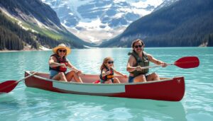 Family canoeing on Lake Louise in Banff National Park