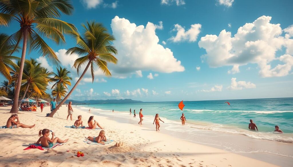 A sun-dappled sandy beach with gentle waves lapping the shore, palm trees swaying in the breeze. In the foreground, children build sandcastles, fly kites, and splash in the shallow turquoise waters. The middle ground features families lounging on beach towels, sipping cold drinks, and playing frisbee. In the distance, a vibrant blue sky with fluffy white clouds frames the scene, creating a warm, inviting atmosphere. Soft, natural lighting illuminates the entire landscape, conveying a sense of tranquility and joy. The camera angle is slightly elevated, capturing the entire beach and its joyful activities in a picturesque, postcard-worthy composition. A sun-dappled sandy beach with gentle waves lapping the shore, palm trees swaying in the breeze. In the foreground, children build sandcastles, fly kites, and splash in the shallow turquoise waters. The middle ground features families lounging on beach towels, sipping cold drinks, and playing frisbee. In the distance, a vibrant blue sky with fluffy white clouds frames the scene, creating a warm, inviting atmosphere. Soft, natural lighting illuminates the entire landscape, conveying a sense of tranquility and joy. The camera angle is slightly elevated, capturing the entire beach and its joyful activities in a picturesque, postcard-worthy composition.