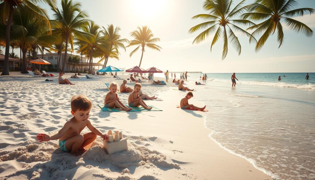 A sun-drenched Florida beach, with soft white sand and gentle waves lapping the shore. In the foreground, children play joyfully, building sandcastles and splashing in the shallow waters. The middle ground features families relaxing on colorful beach towels, umbrellas providing shade from the warm, golden sunshine. In the background, a line of swaying palm trees frames the scene, creating a lush, tropical atmosphere. The image is captured with a wide-angle lens, emphasizing the expansive, inviting nature of the beach, perfect for families to enjoy during the best Florida beach season. A sun-drenched Florida beach, with soft white sand and gentle waves lapping the shore. In the foreground, children play joyfully, building sandcastles and splashing in the shallow waters. The middle ground features families relaxing on colorful beach towels, umbrellas providing shade from the warm, golden sunshine. In the background, a line of swaying palm trees frames the scene, creating a lush, tropical atmosphere. The image is captured with a wide-angle lens, emphasizing the expansive, inviting nature of the beach, perfect for families to enjoy during the best Florida beach season.