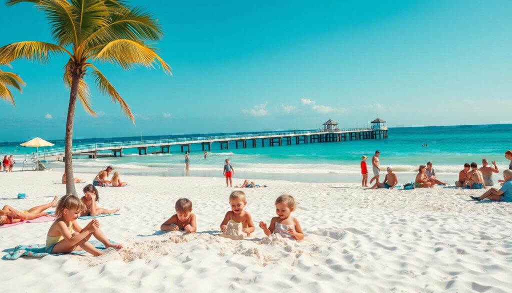 A sun-drenched Florida family beach with crystal-clear turquoise waters lapping against fine, golden sand. In the foreground, children happily build sandcastles, their laughter echoing across the scene. Beachgoers of all ages recline on colorful towels, soaking up the warm, gentle rays. Swaying palm trees line the middle ground, casting playful shadows on the sand. In the distance, a picturesque pier juts out into the tranquil ocean, inviting visitors to stroll and take in the breathtaking views. The atmosphere is one of pure, carefree bliss, perfect for families seeking a vibrant, sun-soaked getaway. A sun-drenched Florida family beach with crystal-clear turquoise waters lapping against fine, golden sand. In the foreground, children happily build sandcastles, their laughter echoing across the scene. Beachgoers of all ages recline on colorful towels, soaking up the warm, gentle rays. Swaying palm trees line the middle ground, casting playful shadows on the sand. In the distance, a picturesque pier juts out into the tranquil ocean, inviting visitors to stroll and take in the breathtaking views. The atmosphere is one of pure, carefree bliss, perfect for families seeking a vibrant, sun-soaked getaway.