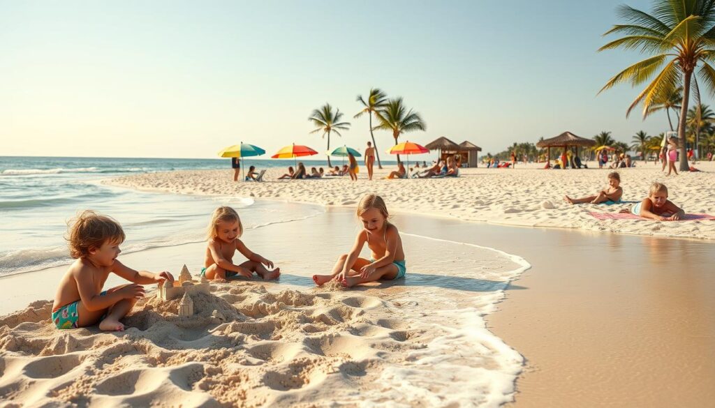 A sun-drenched, family-friendly Florida beach with soft, golden sand and gentle waves lapping the shore. In the foreground, children build sandcastles and play in the shallow waters, their laughter and delight captured in a warm, natural light. The middle ground features colorful beach umbrellas and families relaxing on towels, while the background showcases swaying palm trees and a tranquil, azure ocean horizon. The scene exudes a sense of carefree, laid-back paradise, perfect for creating treasured memories with young loved ones. A sun-drenched, family-friendly Florida beach with soft, golden sand and gentle waves lapping the shore. In the foreground, children build sandcastles and play in the shallow waters, their laughter and delight captured in a warm, natural light. The middle ground features colorful beach umbrellas and families relaxing on towels, while the background showcases swaying palm trees and a tranquil, azure ocean horizon. The scene exudes a sense of carefree, laid-back paradise, perfect for creating treasured memories with young loved ones.