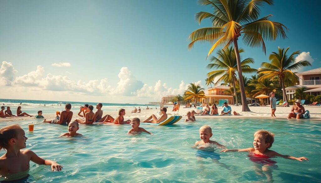 A sun-drenched scene of a family vacation at the beaches of Florida. In the foreground, children frolic in the warm, turquoise waters, their laughter echoing across the sandy shore. Beachgoers recline on colorful towels, sipping tropical drinks and soaking in the balmy breeze. In the middle ground, graceful palm trees sway gently, casting dappled shadows on the scene. The background showcases the stunning Florida coastline, with pastel-hued beach houses and a horizon adorned with fluffy, cloud-dappled skies. The overall atmosphere is one of relaxation, joy, and the quintessential family-friendly beach experience. A sun-drenched scene of a family vacation at the beaches of Florida. In the foreground, children frolic in the warm, turquoise waters, their laughter echoing across the sandy shore. Beachgoers recline on colorful towels, sipping tropical drinks and soaking in the balmy breeze. In the middle ground, graceful palm trees sway gently, casting dappled shadows on the scene. The background showcases the stunning Florida coastline, with pastel-hued beach houses and a horizon adorned with fluffy, cloud-dappled skies. The overall atmosphere is one of relaxation, joy, and the quintessential family-friendly beach experience.