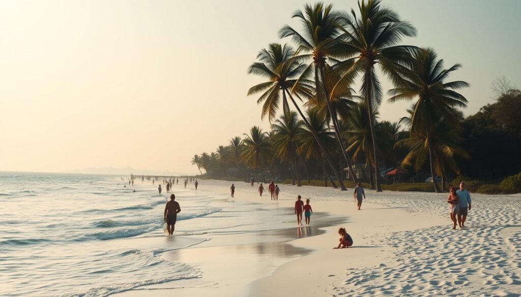 A tranquil beachscape along Florida's scenic Gulf Coast, with pristine white sands and turquoise waters lapping gently at the shore. In the foreground, families stroll leisurely, children building sandcastles and splashing in the shallow waves. In the middle ground, towering palm trees sway in a gentle breeze, casting soft, dappled shadows across the scene. The background features a hazy horizon, where the sea and sky seamlessly blend, bathed in the warm, golden glow of the setting sun. The overall atmosphere exudes a sense of relaxation, serenity, and the quintessential charm of a family-friendly Florida beach vacation. A tranquil beachscape along Florida's scenic Gulf Coast, with pristine white sands and turquoise waters lapping gently at the shore. In the foreground, families stroll leisurely, children building sandcastles and splashing in the shallow waves. In the middle ground, towering palm trees sway in a gentle breeze, casting soft, dappled shadows across the scene. The background features a hazy horizon, where the sea and sky seamlessly blend, bathed in the warm, golden glow of the setting sun. The overall atmosphere exudes a sense of relaxation, serenity, and the quintessential charm of a family-friendly Florida beach vacation.