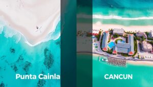 Aerial view comparing Punta Cana vs Cancun beaches and resorts