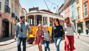 Family walking along colorful streets of Lisbon with historic tram in background