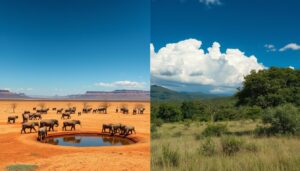 South African landscape showing seasonal differences between dry winter safari conditions and lush summer scenery