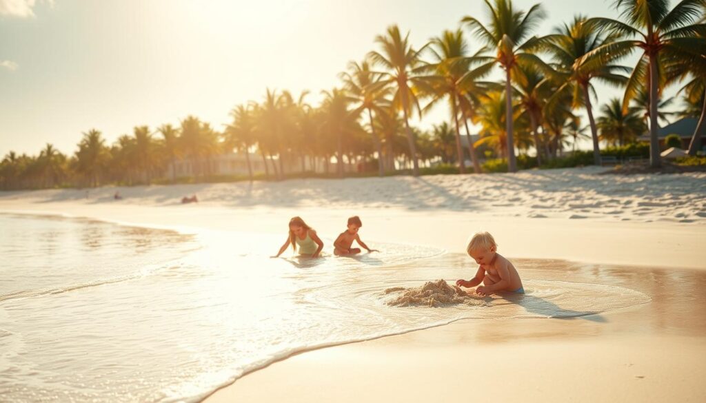 Warm, sun-dappled beach with soft white sand and gentle waves lapping at the shore. A group of young children play in the shallows, splashing and building sandcastles. In the background, a line of vibrant palm trees sway in the light breeze. The scene is bathed in a golden glow, creating a serene and inviting atmosphere perfect for family fun. A wide-angle lens captures the expansive, picturesque vista, highlighting the ideal conditions for young children to safely enjoy Florida's beautiful coastline. Warm, sun-dappled beach with soft white sand and gentle waves lapping at the shore. A group of young children play in the shallows, splashing and building sandcastles. In the background, a line of vibrant palm trees sway in the light breeze. The scene is bathed in a golden glow, creating a serene and inviting atmosphere perfect for family fun. A wide-angle lens captures the expansive, picturesque vista, highlighting the ideal conditions for young children to safely enjoy Florida's beautiful coastline.