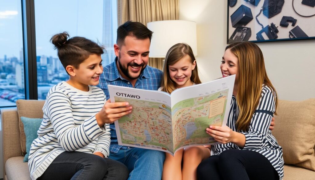 Family planning their Ottawa itinerary with a map and guidebook Family planning their Ottawa itinerary with a map and guidebook