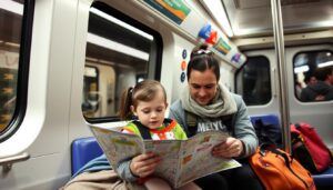 Family riding the Washington DC Metro with kids exploring things to do in Washington DC with kids