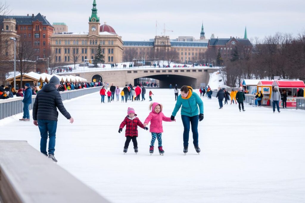 Family skating on the Rideau Canal Skateway in winter Family skating on the Rideau Canal Skateway in winter