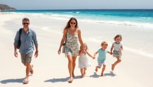 Family walking along a beach in Greece during spring with mild weather and fewer crowds